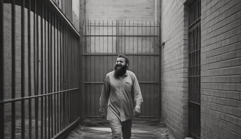 Homem sorrindo saindo da prisão pelo regime semiaberto