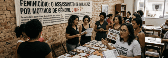 Mulheres organizando manifestação contra feminicídio