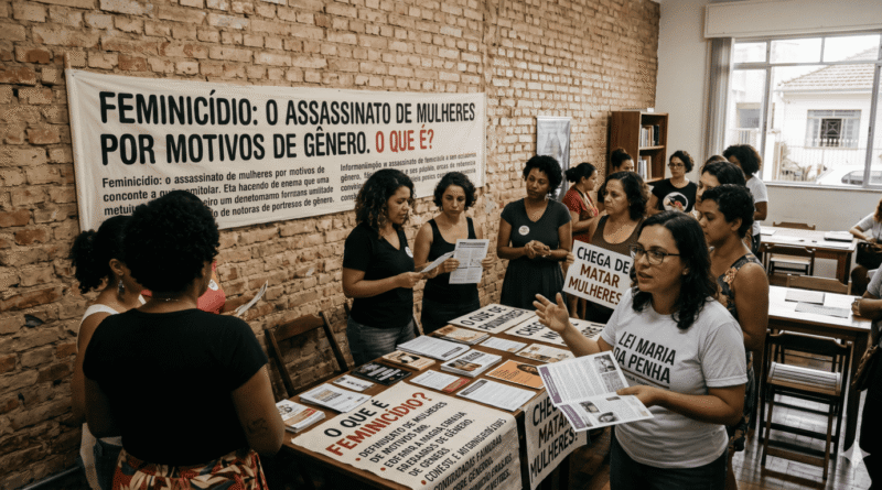 Mulheres organizando manifestação contra feminicídio